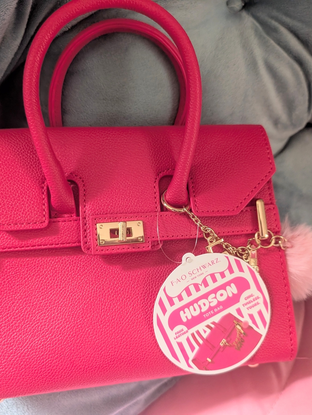 FAO Schwarz Hudson Hot Pink Mini Tote Bag with Pom Charm - Picture 8 of 11